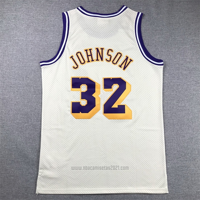 Camiseta Los Angeles Lakers Magic Johnson #32 Mitchell & Ness Chainstitch Crema